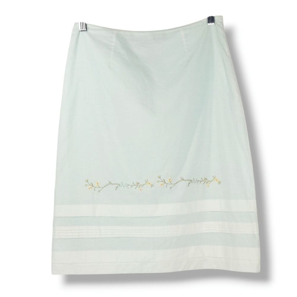 Express Embroidered Floral Border Lined Cotton A Line Skirt Light Blue White 3/4